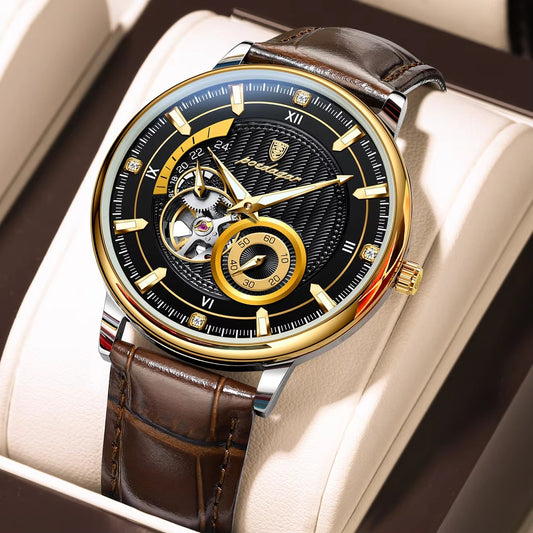 POEDAGAR 1416 Luxury Luminous Leather Belt Automatic Men's Watch-Gold Black