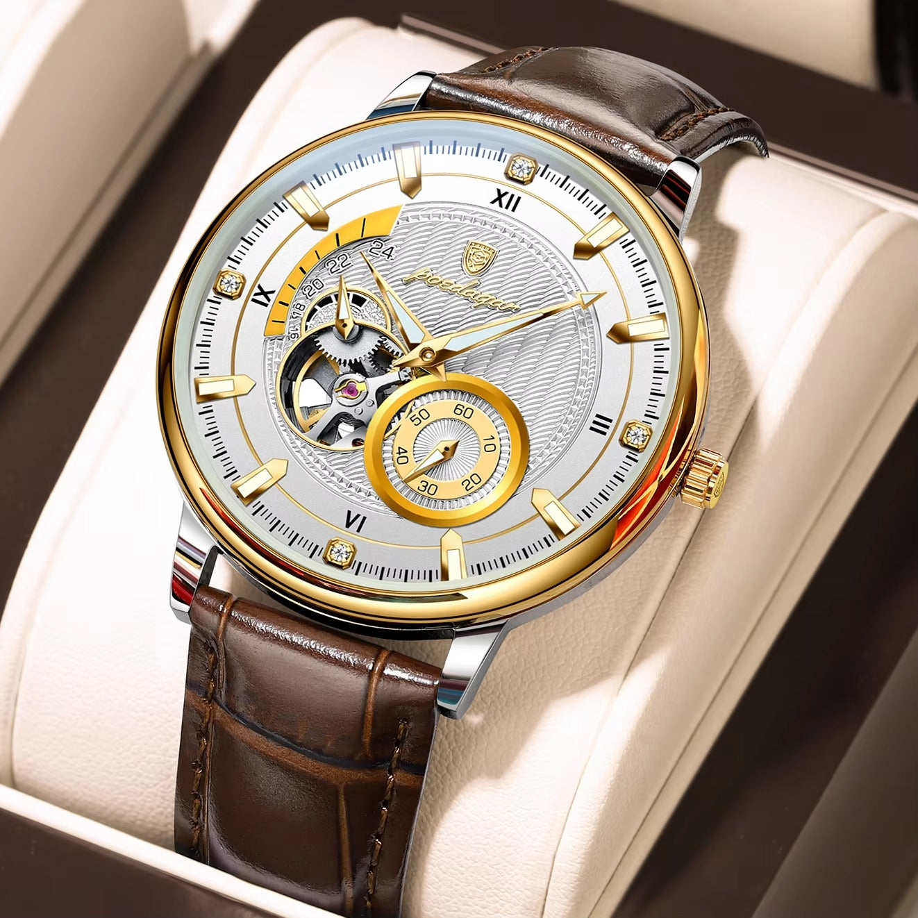 POEDAGAR 1416 Luxury Luminous Leather Belt Automatic Men's Watch-Gold Silver