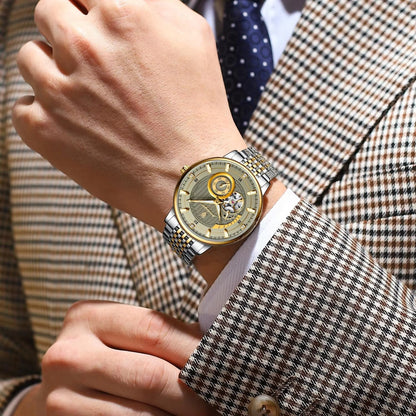 POEDAGAR 1416 New Automatic Mechanical Stainless Steel Men’s Watch-Gold Grey