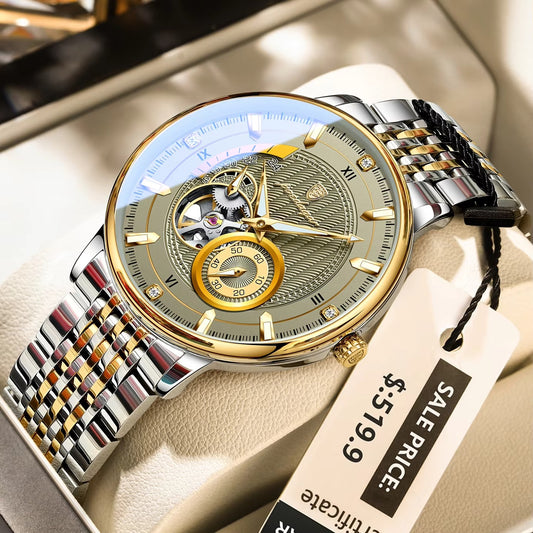 POEDAGAR 1416 New Automatic Mechanical Stainless Steel Men’s Watch-Gold Grey