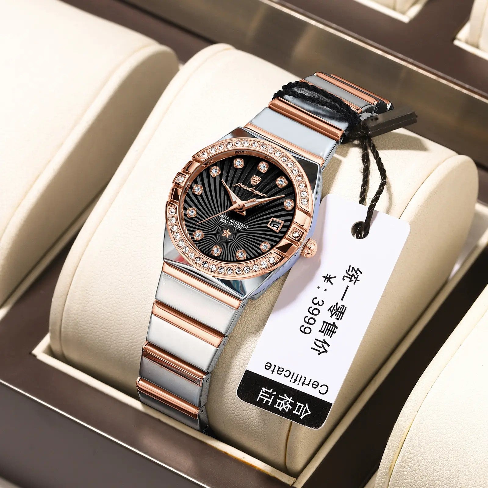 POEDAGAR 302 Luxury Luminous Stainless Steel Ladies Watch-Rose Gold Black