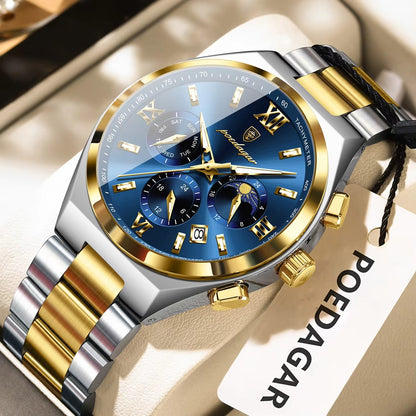 POEDAGAR 688 Luxury Luminous Stainless Steel Men's Watch-Gold Blue