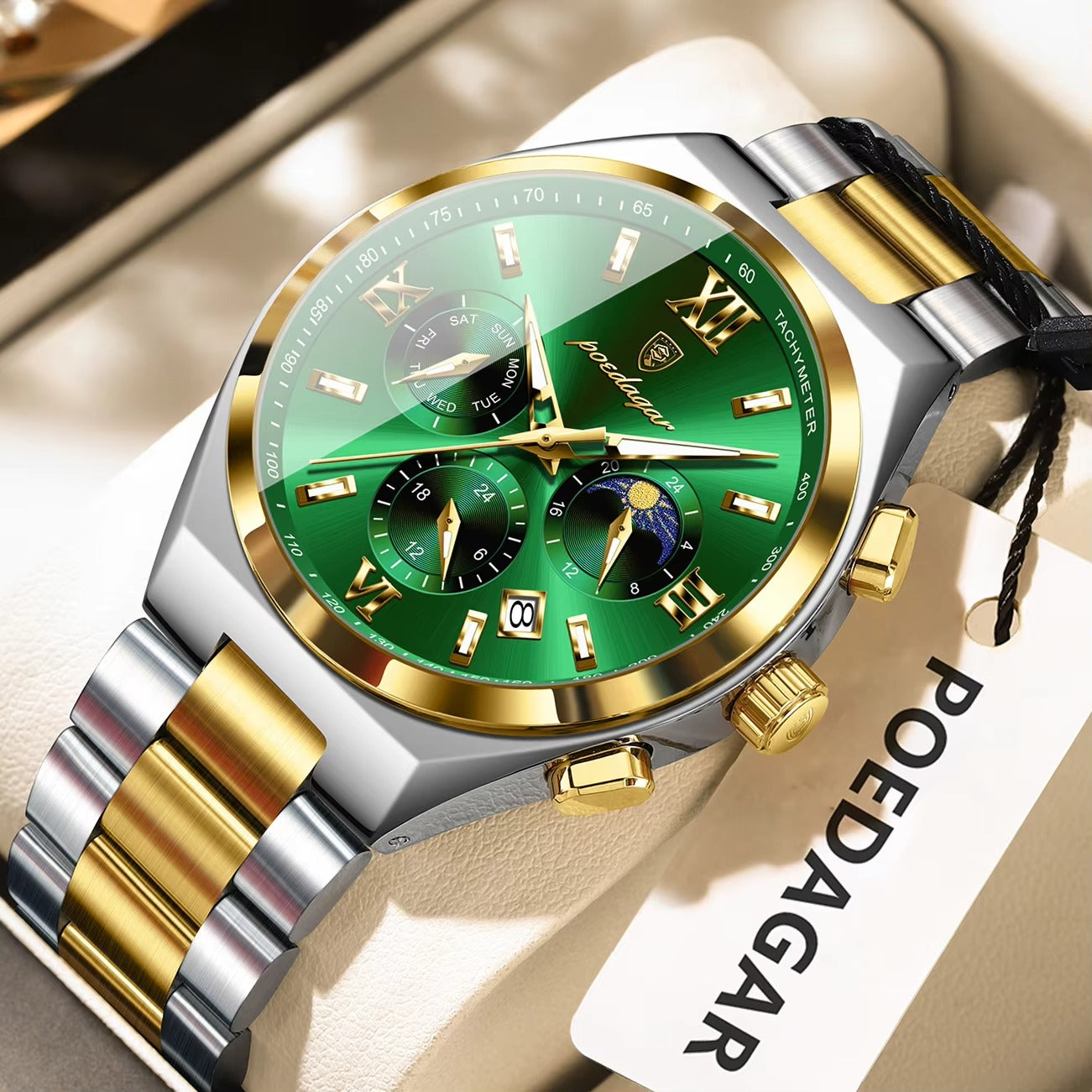 POEDAGAR 688 Luxury Luminous Stainless Steel Men's Watch-Gold Green