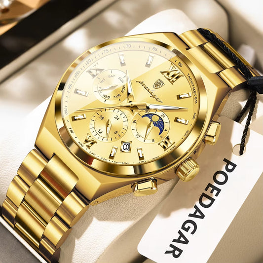 POEDAGAR 688 Luxury Luminous Stainless Steel Men's Watch-Gold