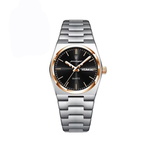 POEDAGAR 786 Simple Stainless Steel Day Date Ladies Watch-Rose Gold Black