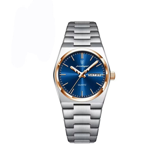 POEDAGAR 786 Simple Stainless Steel Day Date Ladies Watch-Rose Gold Blue