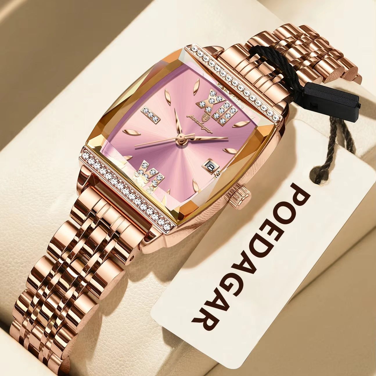 POEDAGAR 795 Luxury Fashion Crystal Stone Ladies Watch-Rose Pink