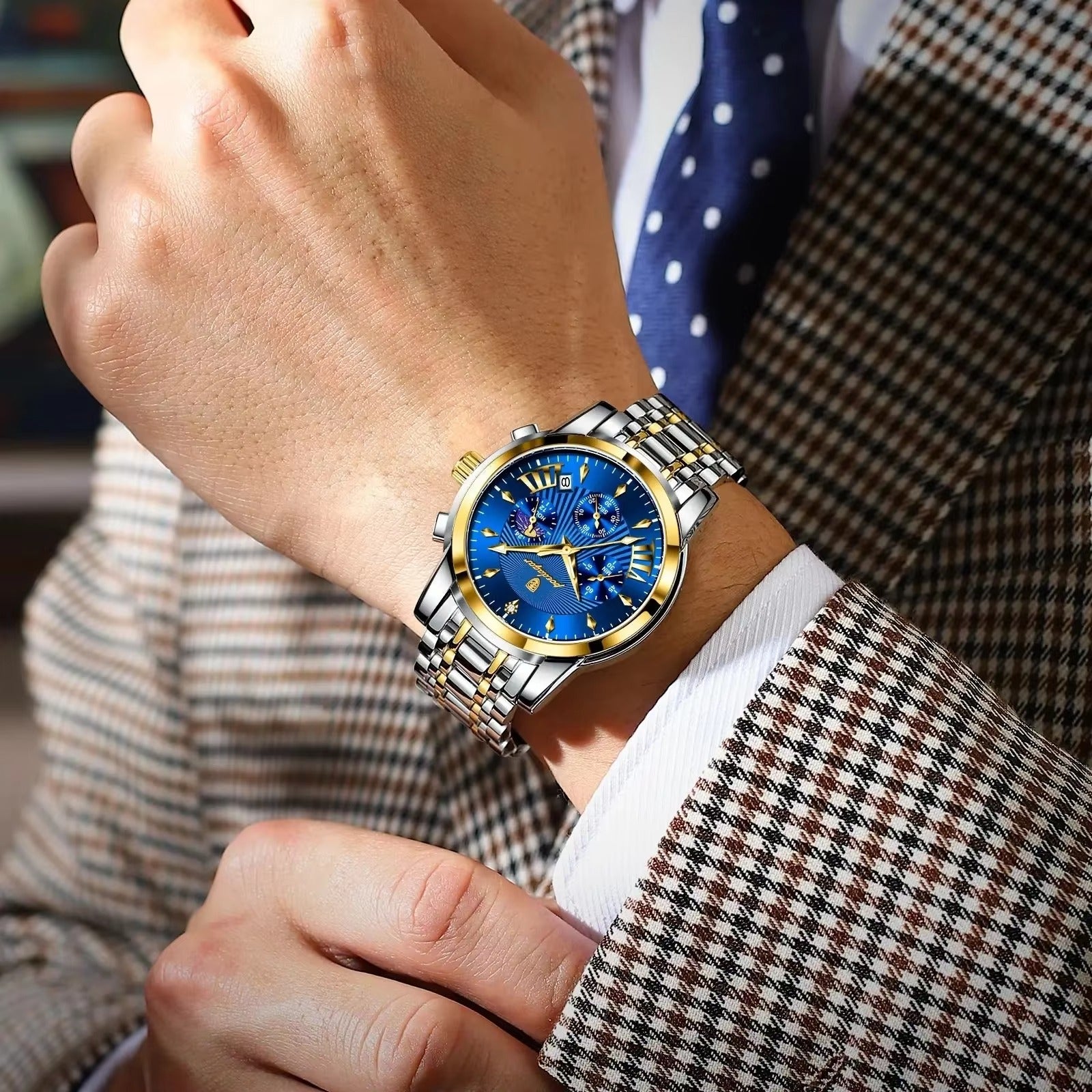 POEDAGAR 813 Luminous Date Chronograph Men's Watch-Gold Blue