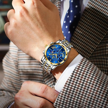 POEDAGAR 813 Luminous Date Chronograph Men's Watch-Gold Blue