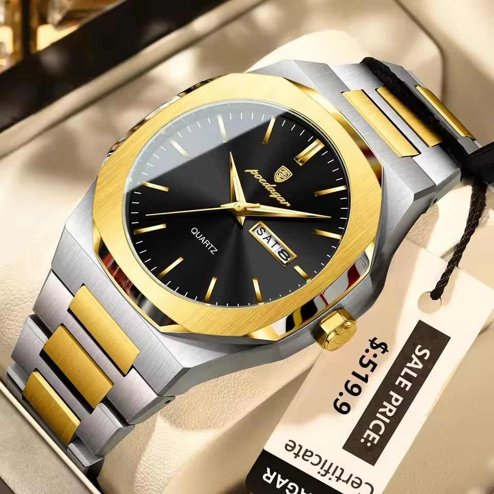 POEDAGAR 825 Luxury Quartz Luminous Day Date Men's Watch-Gold Black