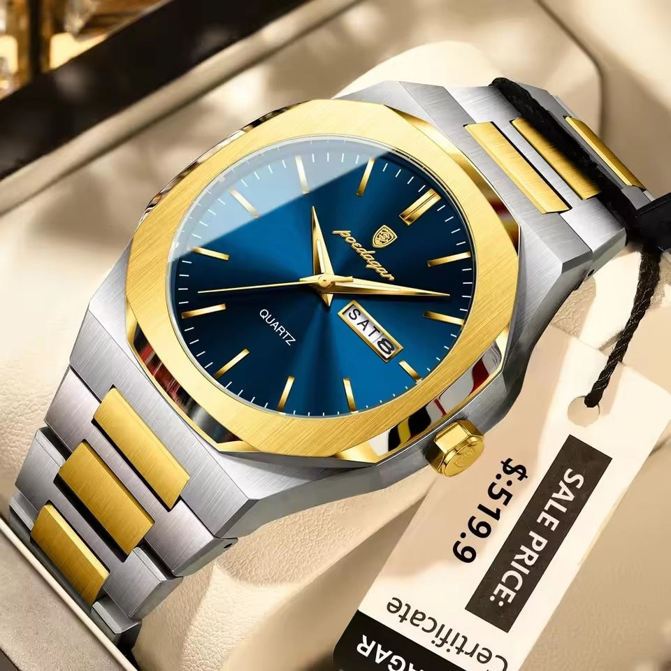 POEDAGAR 825 Luxury Quartz Luminous Day Date Men's Watch-Gold Blue