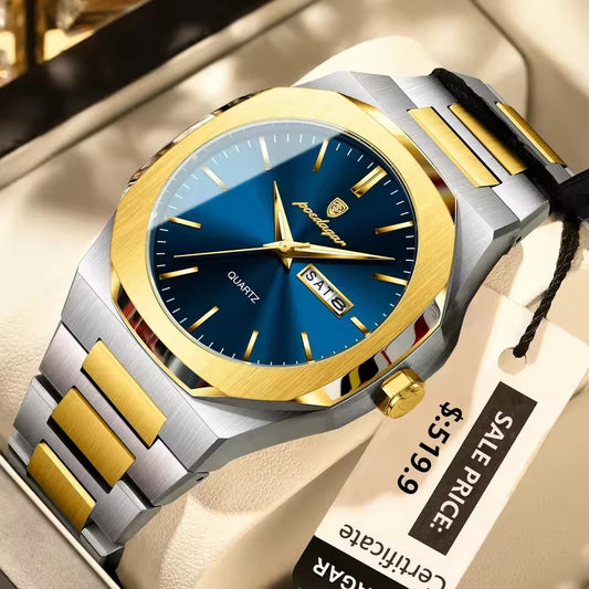 POEDAGAR 825 Luxury Quartz Luminous Day Date Men's Watch-Gold Blue