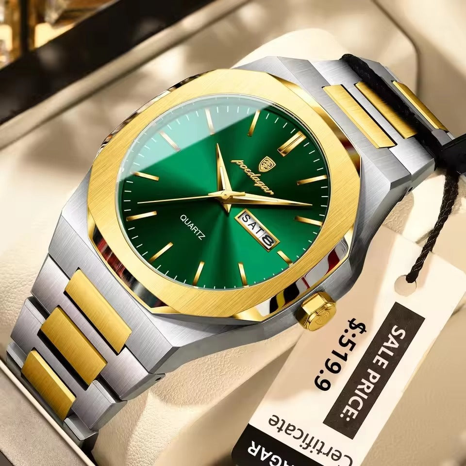 POEDAGAR 825 Luxury Quartz Luminous Day Date Men's Watch-Gold Green