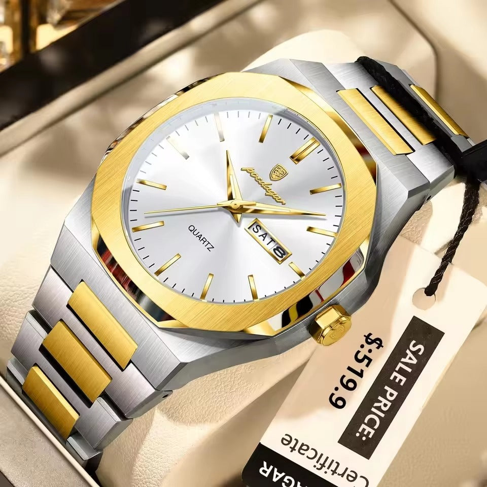 POEDAGAR 825 Luxury Quartz Luminous Day Date Men's Watch-Gold White