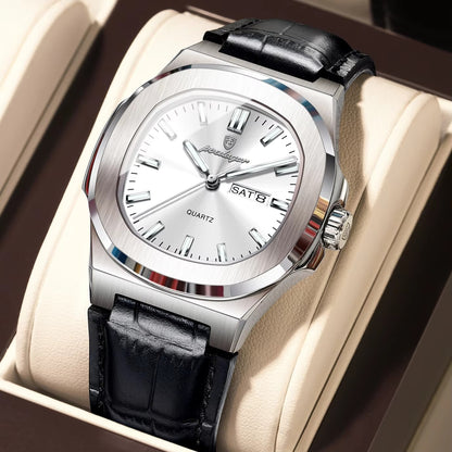 POEDAGAR 853 Casual Leather Strap Men's Watch-Silver