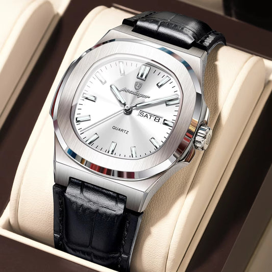 POEDAGAR 853 Casual Leather Strap Men's Watch-Silver