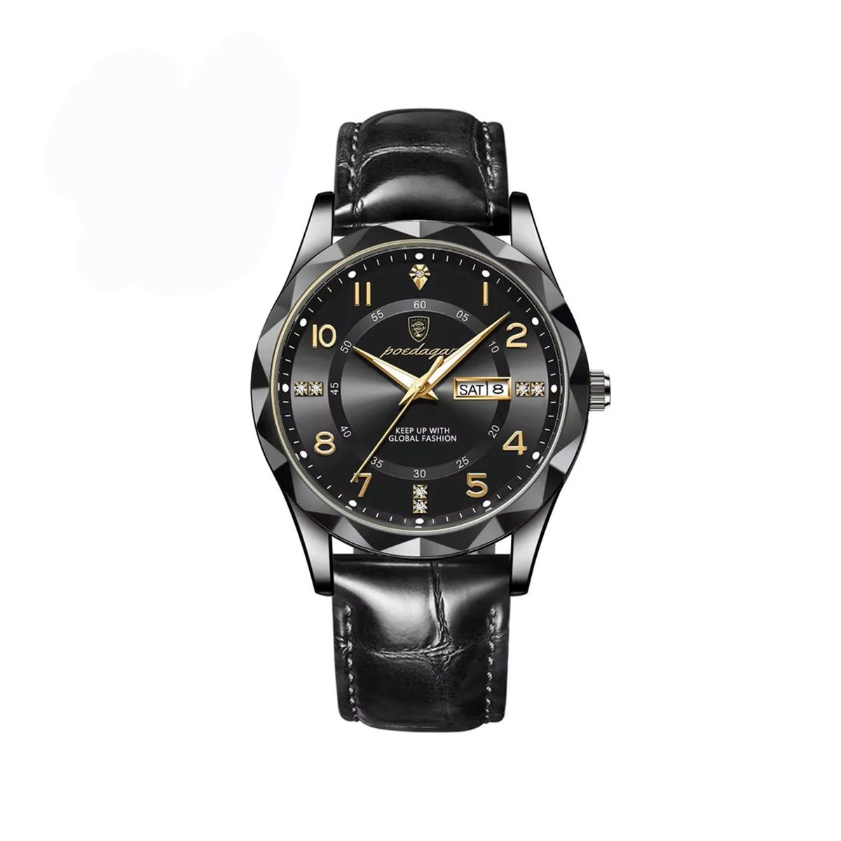 POEDAGAR 858 Formal Day Date Leather Belt Men's Watch-Black