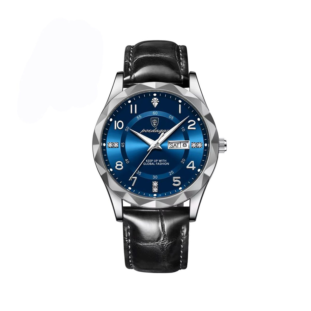 POEDAGAR 858 Formal Day Date Leather Belt Men's Watch-Blue