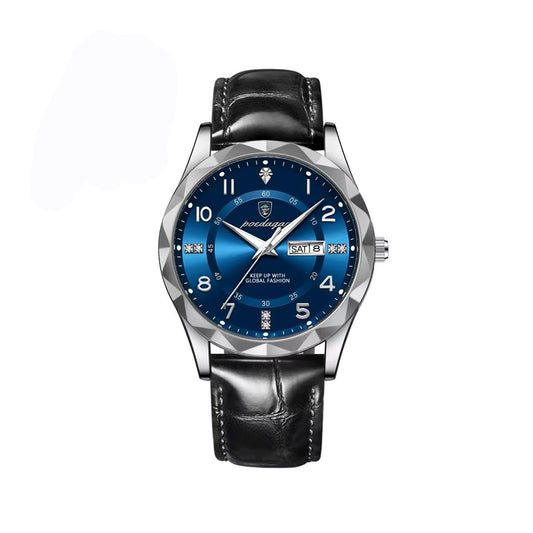 POEDAGAR 858 Formal Day Date Leather Belt Men's Watch-Blue