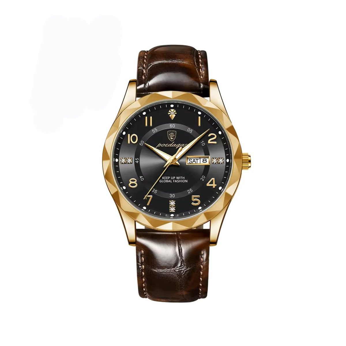 POEDAGAR 858 Formal Day Date Leather Belt Men's Watch-Gold Black