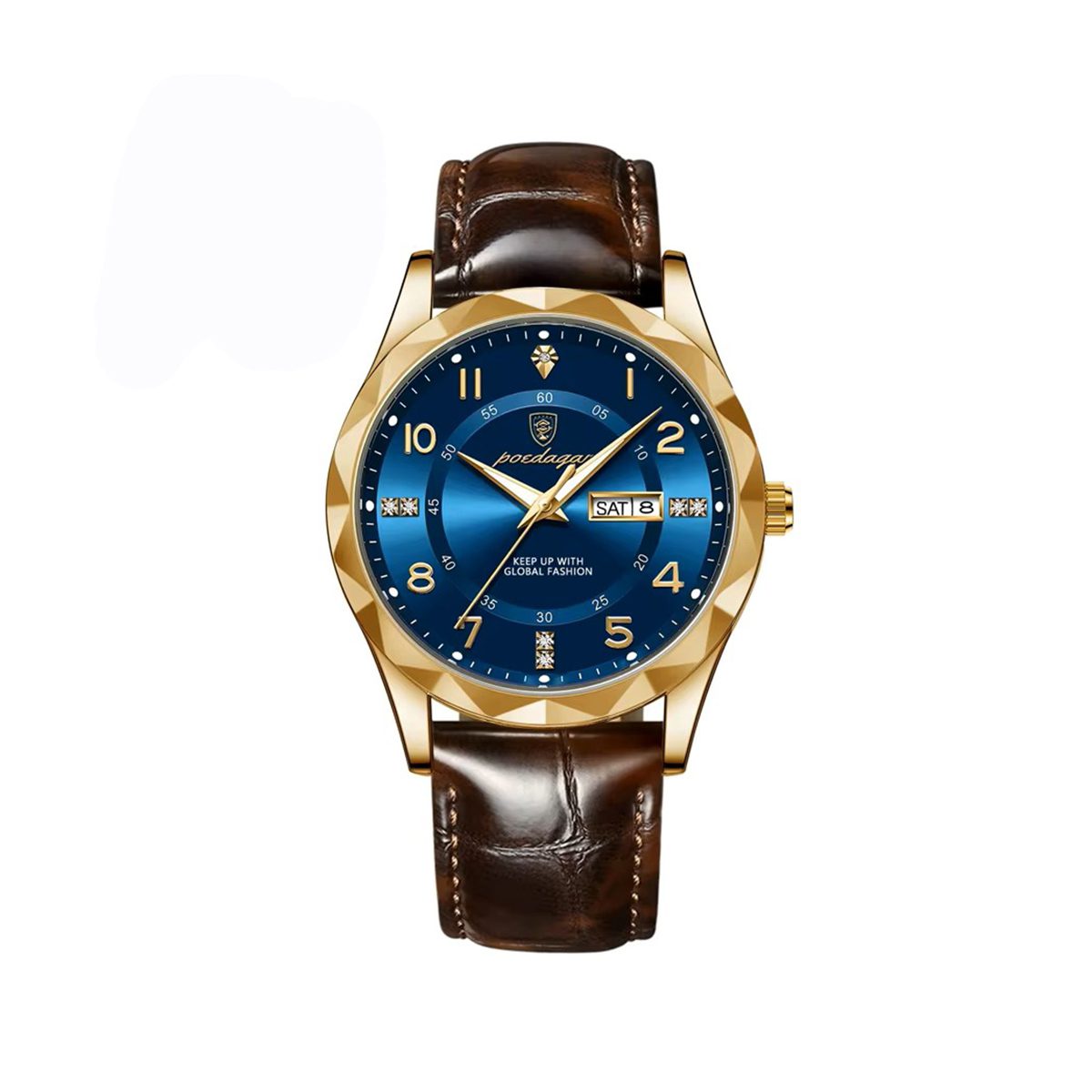 POEDAGAR 858 Formal Day Date Leather Belt Men's Watch-Gold Blue
