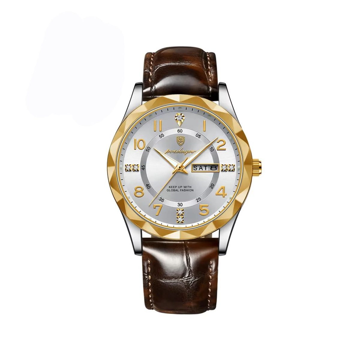 POEDAGAR 858 Formal Day Date Leather Belt Men's Watch-Gold White