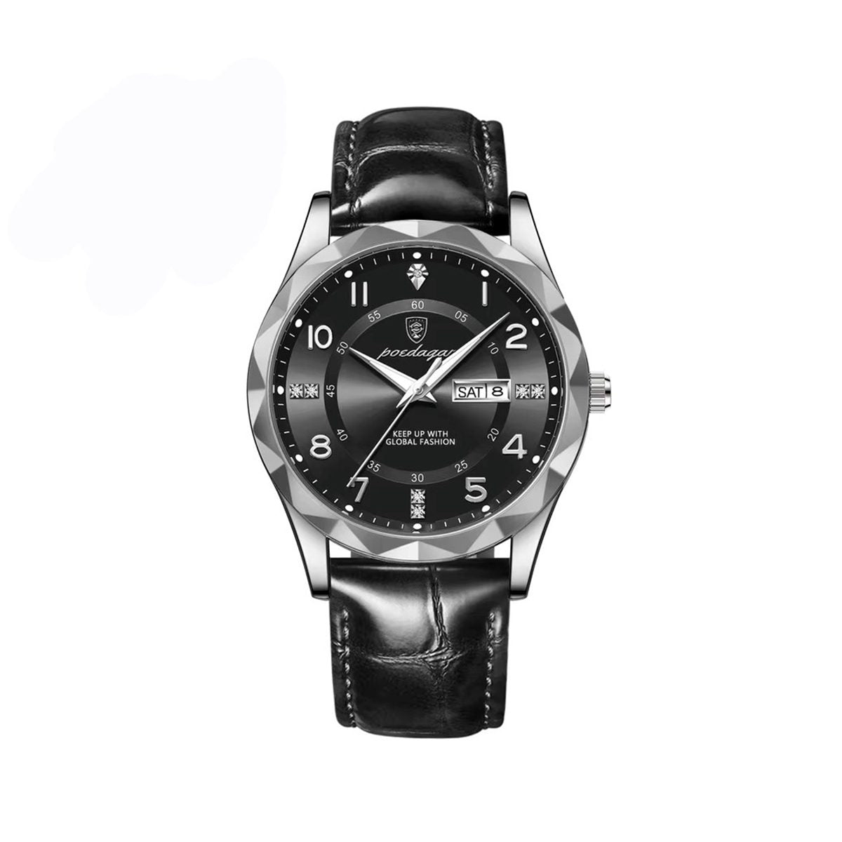 POEDAGAR 858 Formal Day Date Leather Belt Men's Watch-Silver Black