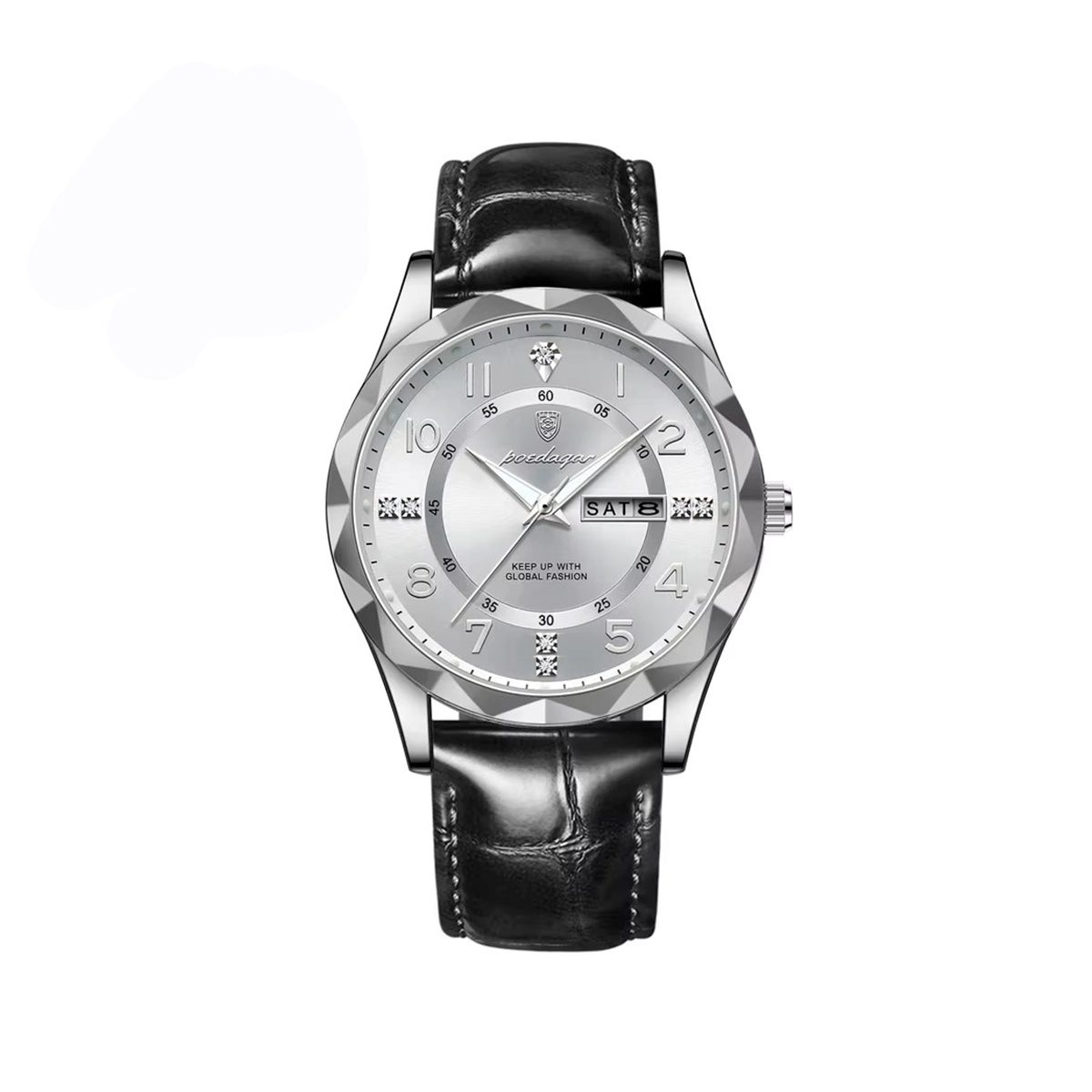 POEDAGAR 858 Formal Day Date Leather Belt Men's Watch-Silver