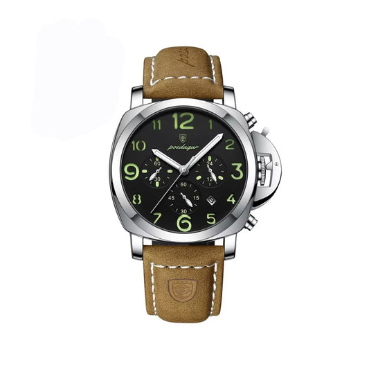 POEDAGAR 859 Luxury Sports Leather Strap Men's Watch-Silver Black