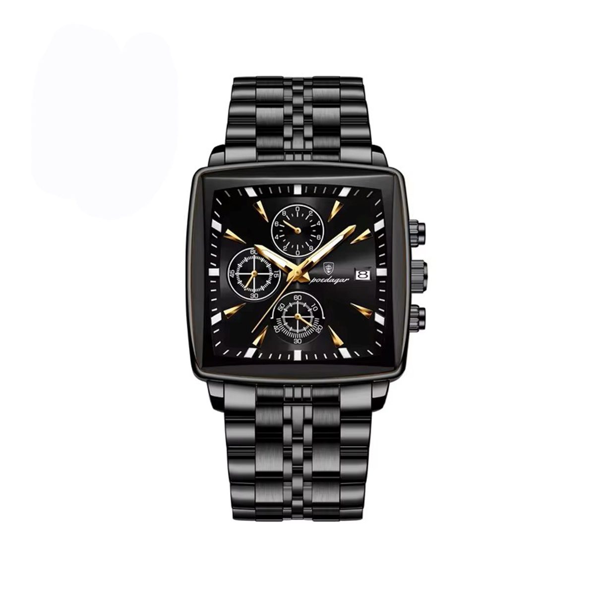 POEDAGAR 866 Square Stainless Steel Chronograph Watch for Men-Black