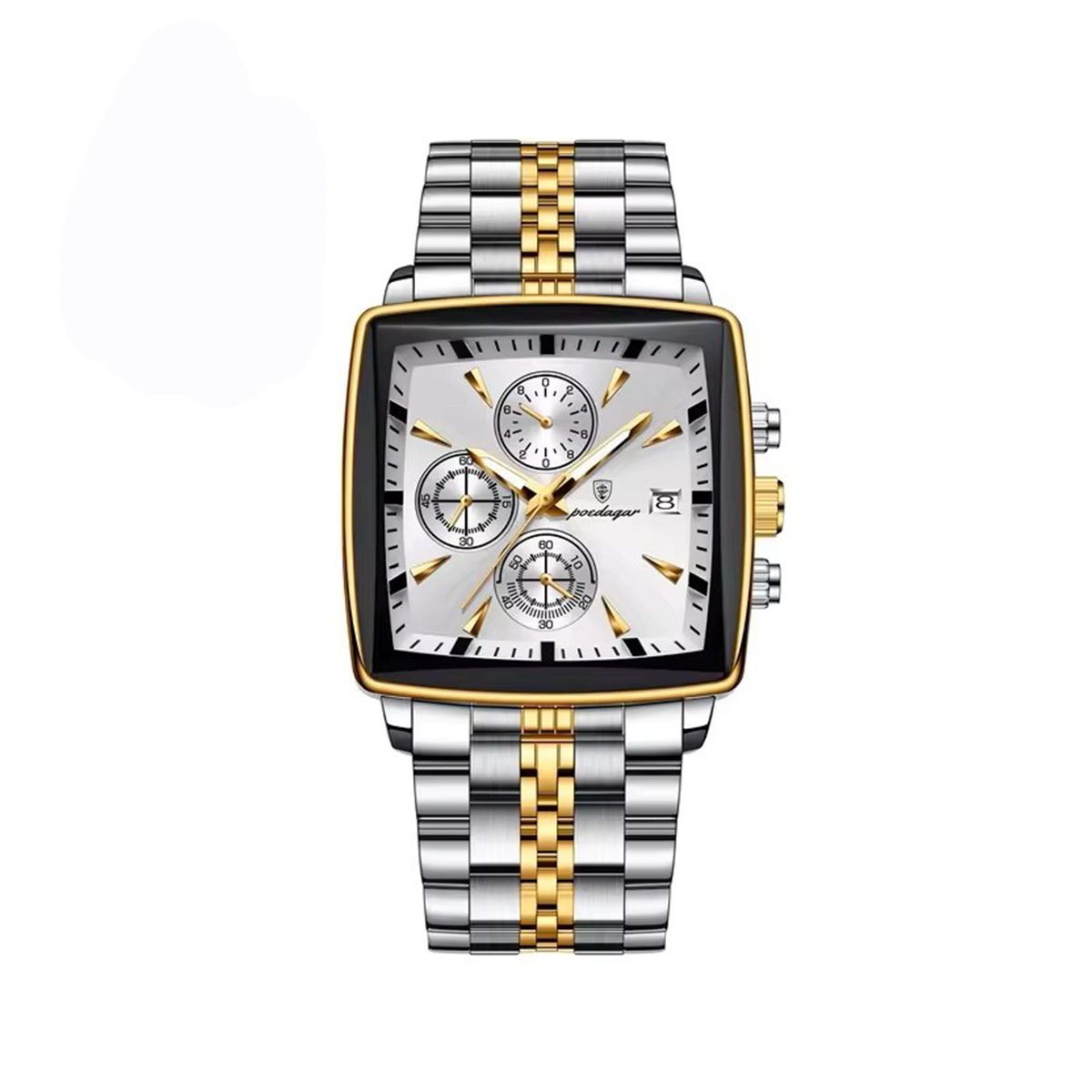 POEDAGAR 866 Square Stainless Steel Chronograph Watch for Men-Silver White
