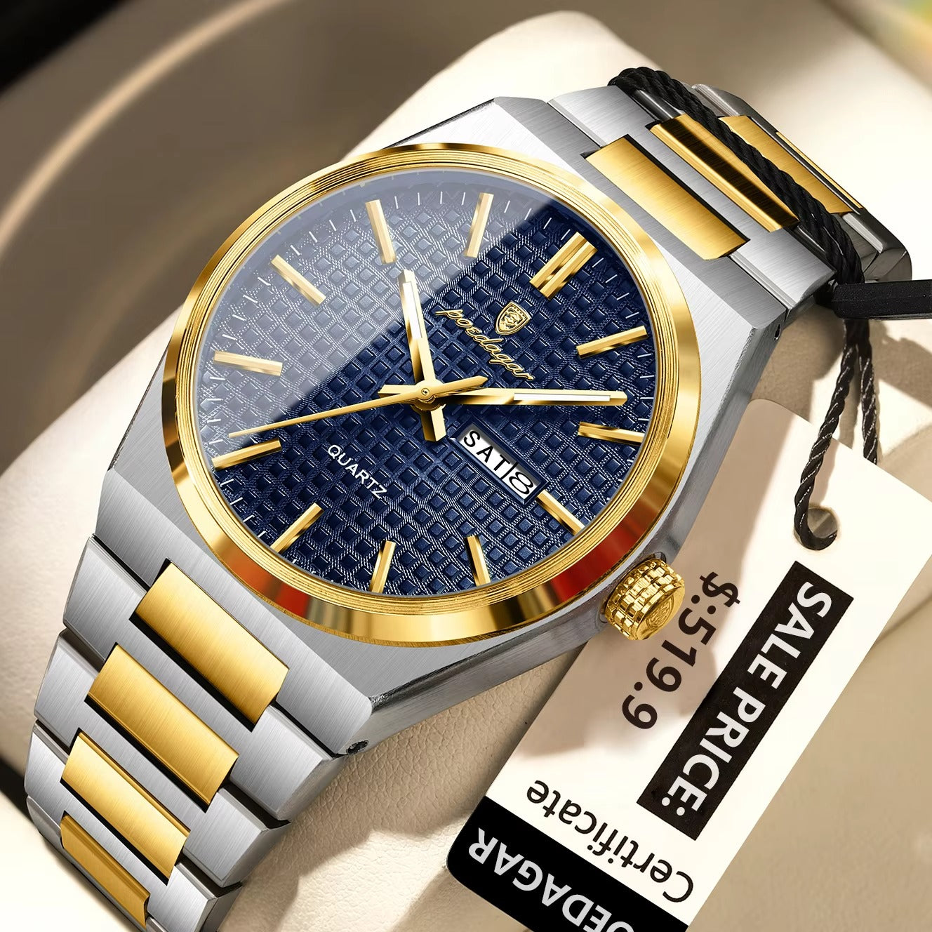 POEDAGAR 874 Luminous Day Date Casual Men's Watch-Gold Blue