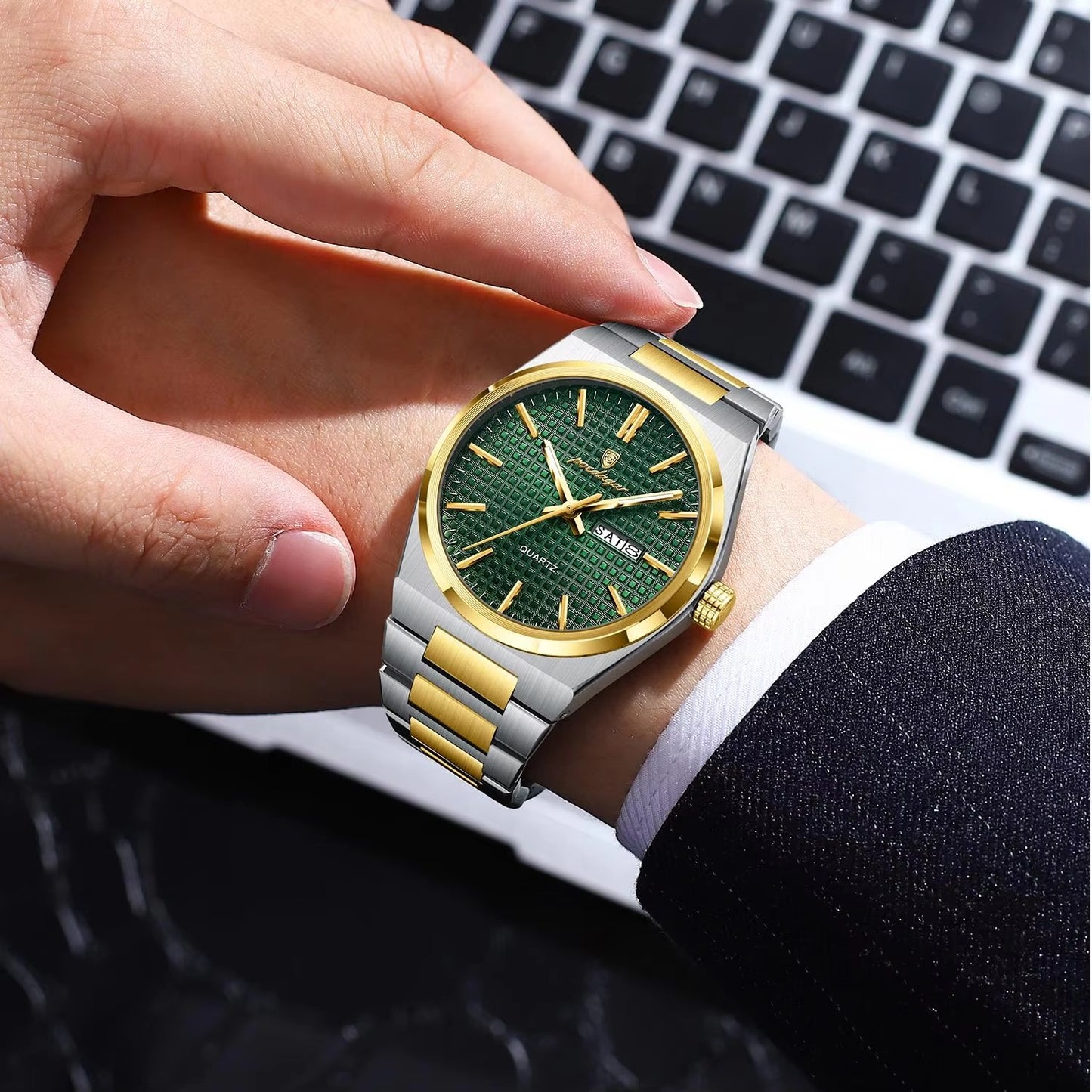 POEDAGAR 874 Luminous Day Date Casual Men's Watch-Gold Green