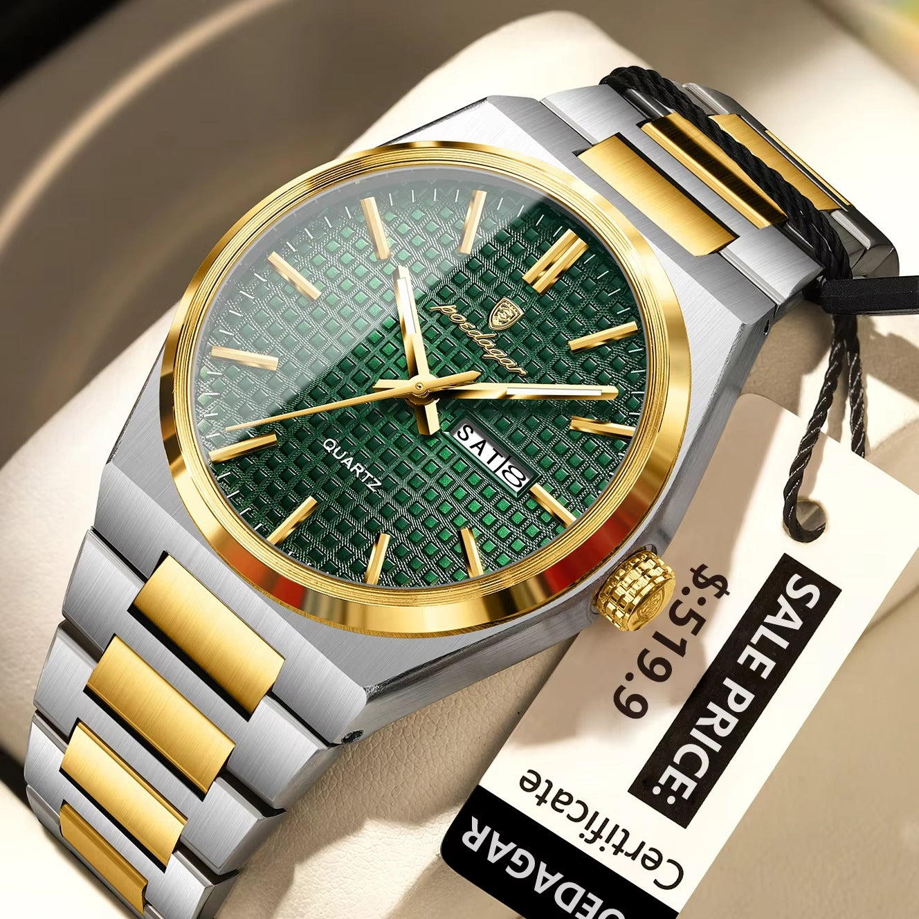 POEDAGAR 874 Luminous Day Date Casual Men's Watch-Gold Green