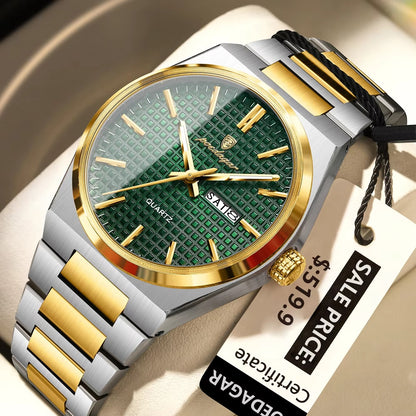 POEDAGAR 874 Luminous Day Date Casual Men's Watch-Gold Green
