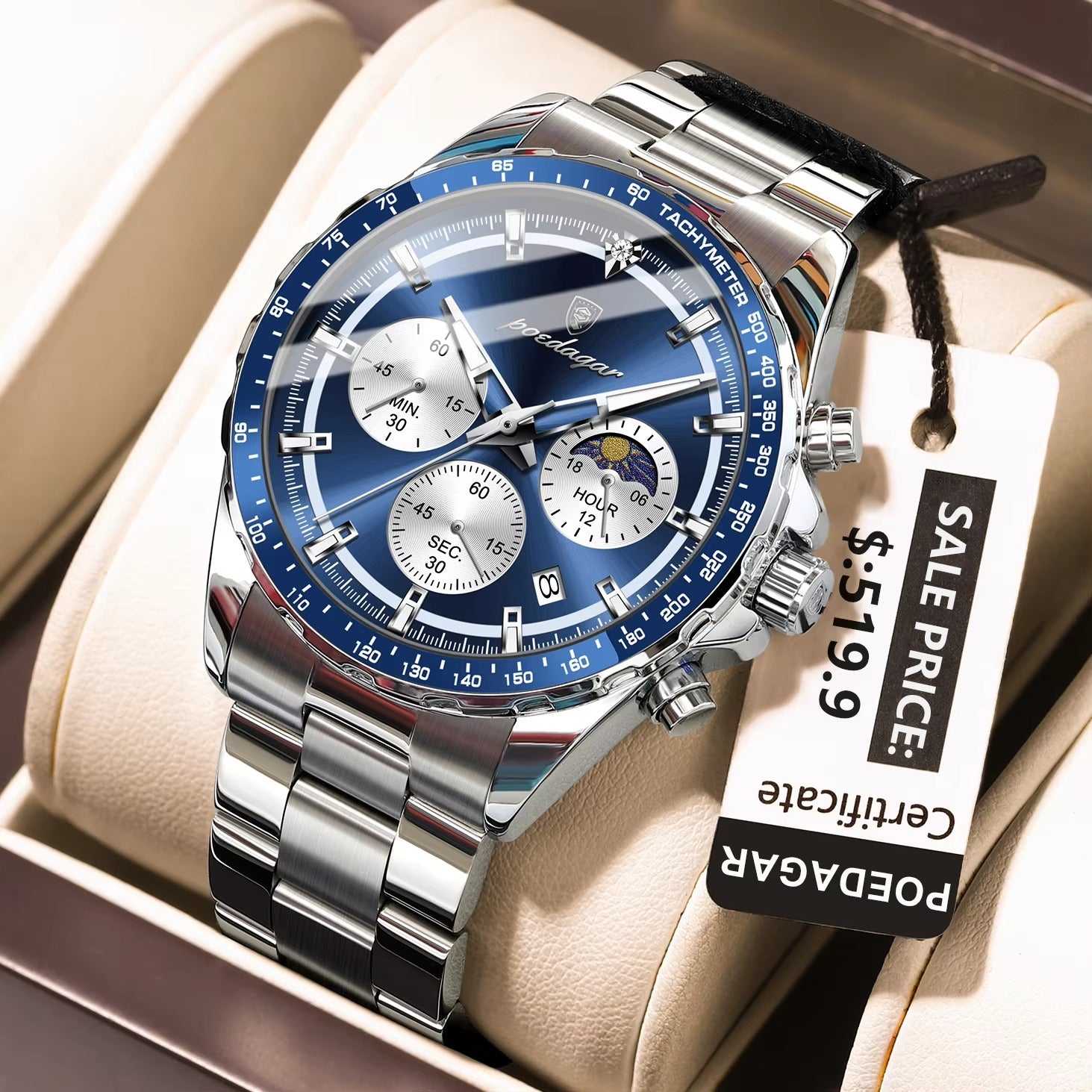 POEDAGAR 879 Active Chronograph Stainless Steel Men's Watch-Silver Blue