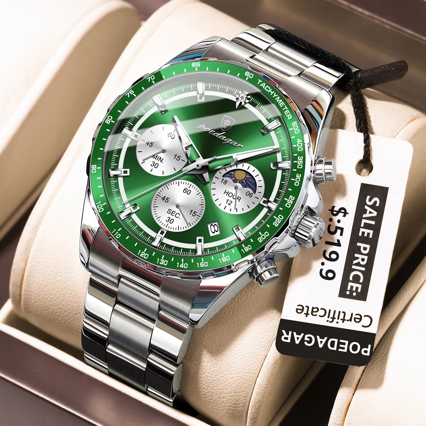 POEDAGAR 879 Active Chronograph Stainless Steel Men's Watch-Silver Green