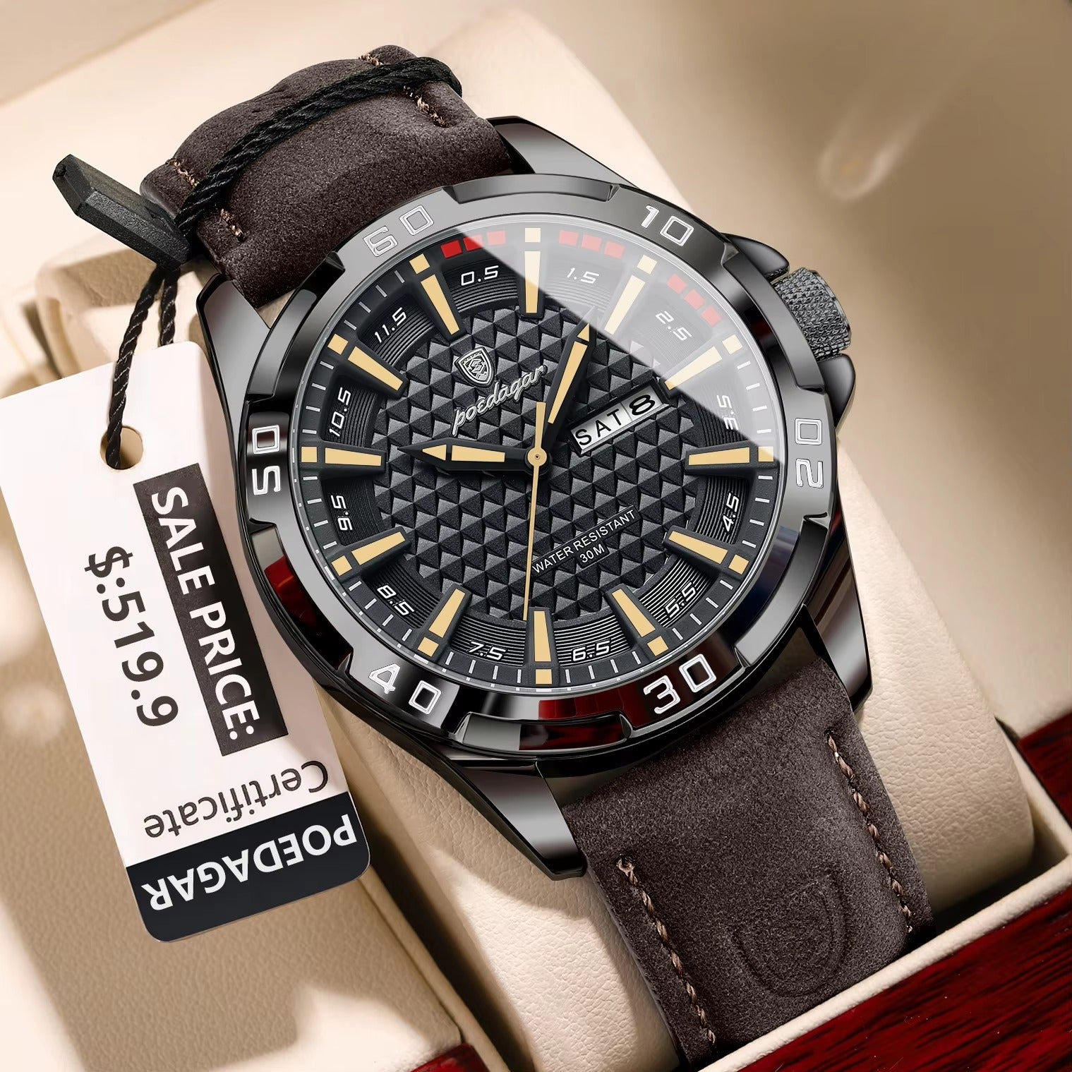 POEDAGAR 895 Luxury Luminous Leather Men's Watch-Black Gold