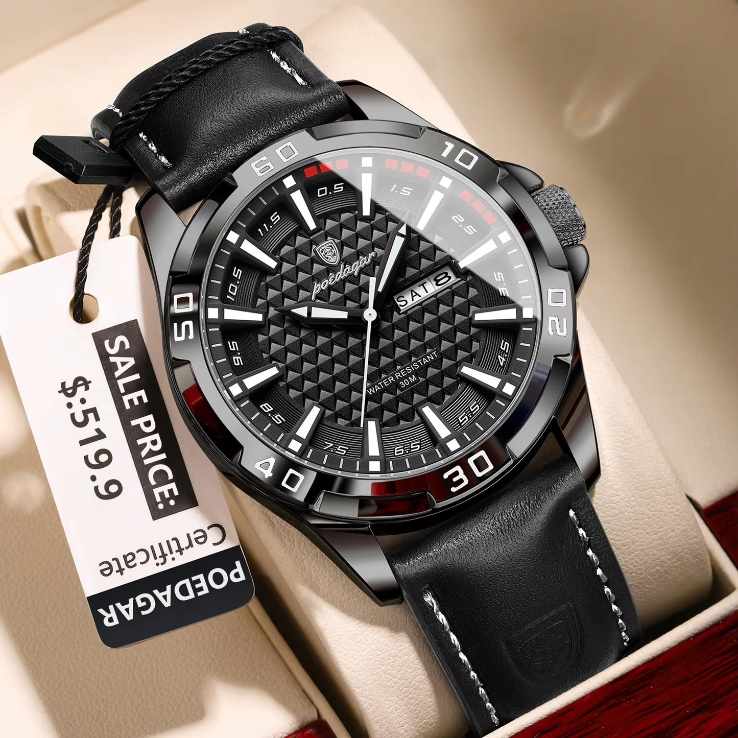 POEDAGAR 895 Luxury Luminous Leather Men's Watch-Black White