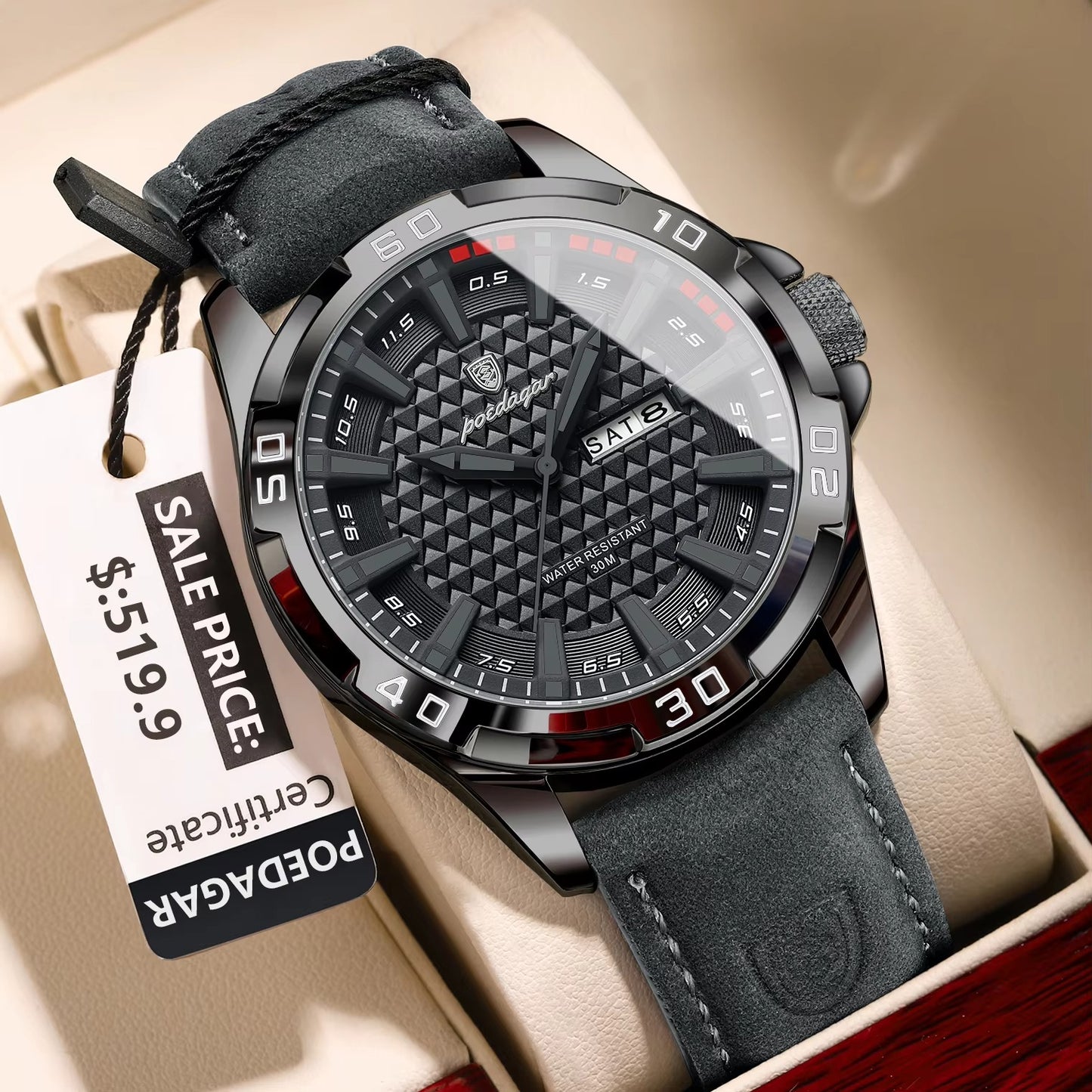 POEDAGAR 895 Luxury Luminous Leather Men's Watch-Black