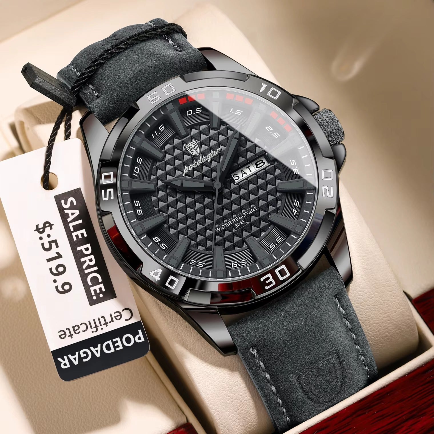 POEDAGAR 895 Luxury Luminous Leather Men's Watch-Black