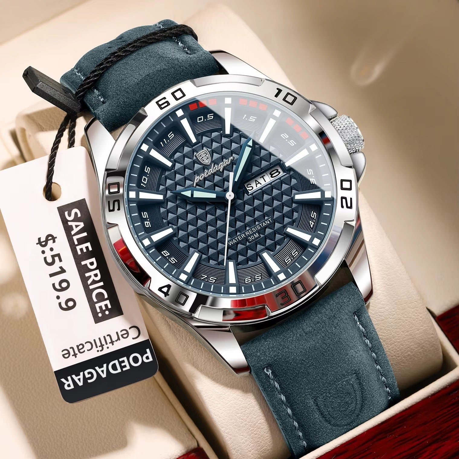 POEDAGAR 895 Luxury Luminous Leather Men's Watch-Silver Blue