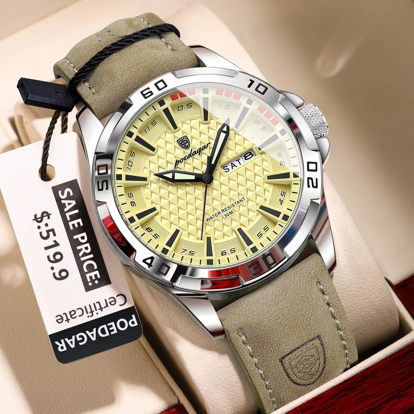 POEDAGAR 895 Luxury Luminous Leather Men's Watch-Silver Yellow