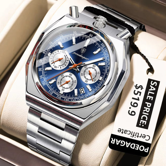 POEDAGAR 897 Unique Design Chronograph Men's Watch-Silver Blue