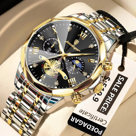 POEDAGAR 938 Elegant Stainless Steel Chronograph Men's Watch-Gold Black