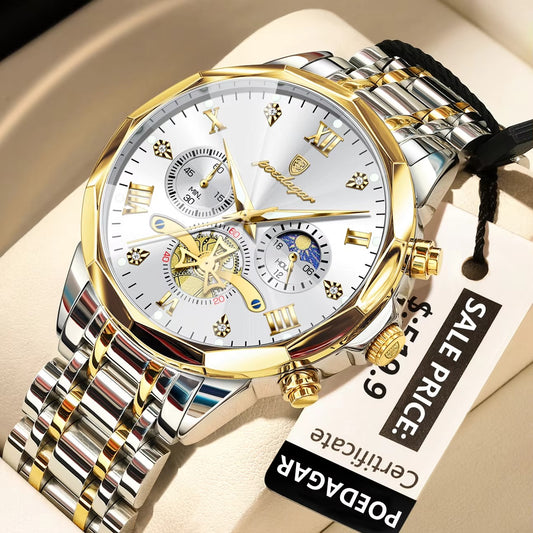 POEDAGAR 938 Elegant Stainless Steel Chronograph Men's Watch-Gold White