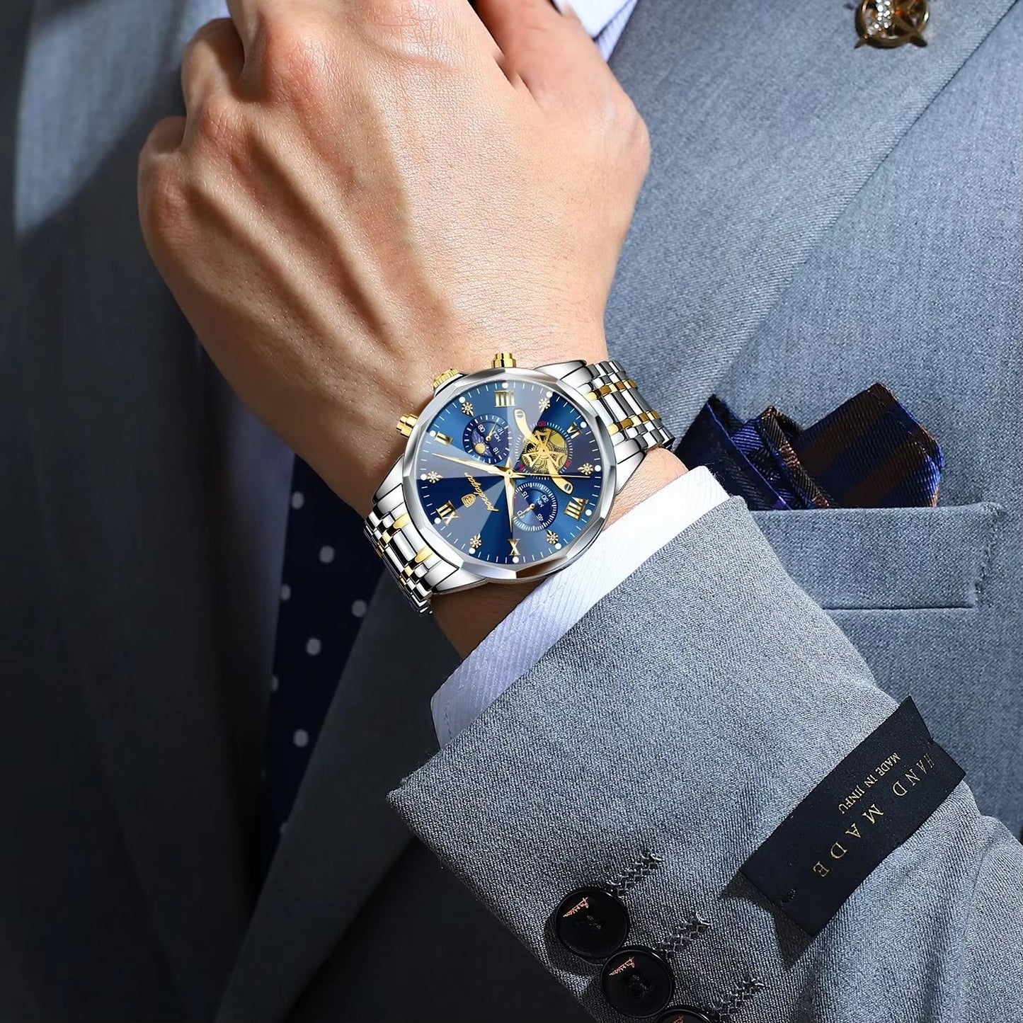 POEDAGAR 938 Elegant Stainless Steel Chronograph Men's Watch-Silver Blue