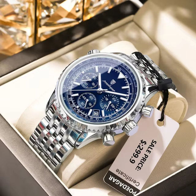 POEDAGAR 960 Luxury Luminous Chronograph Men's Watch-Silver Blue