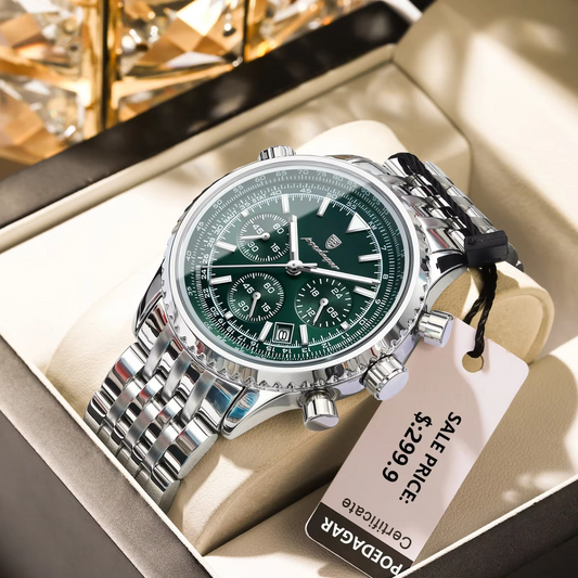 POEDAGAR 960 Luxury Luminous Chronograph Men's Watch-Silver Green