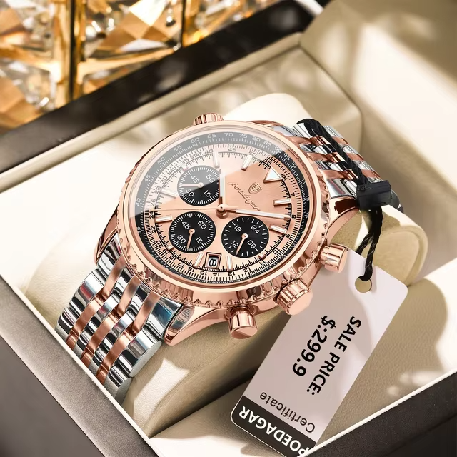 POEDAGAR 960 Luxury Luminous Chronograph Men's Watch-Silver Rose Gold